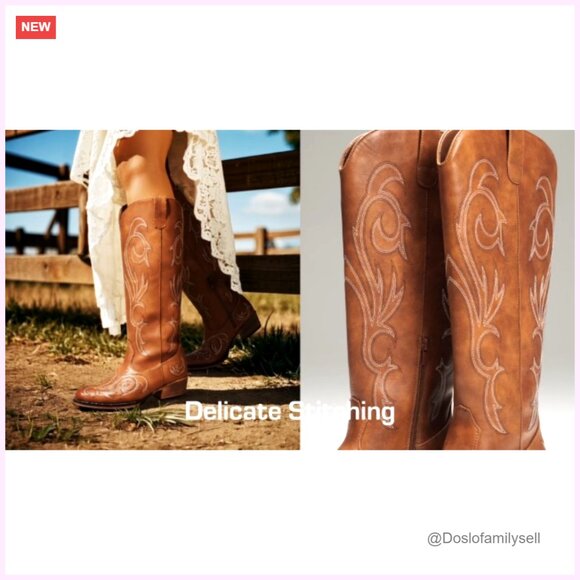 Women's Knee High Western Boots with Embroidery, 1.6 Inch Heel, Side Zip - Picture 7 of 7